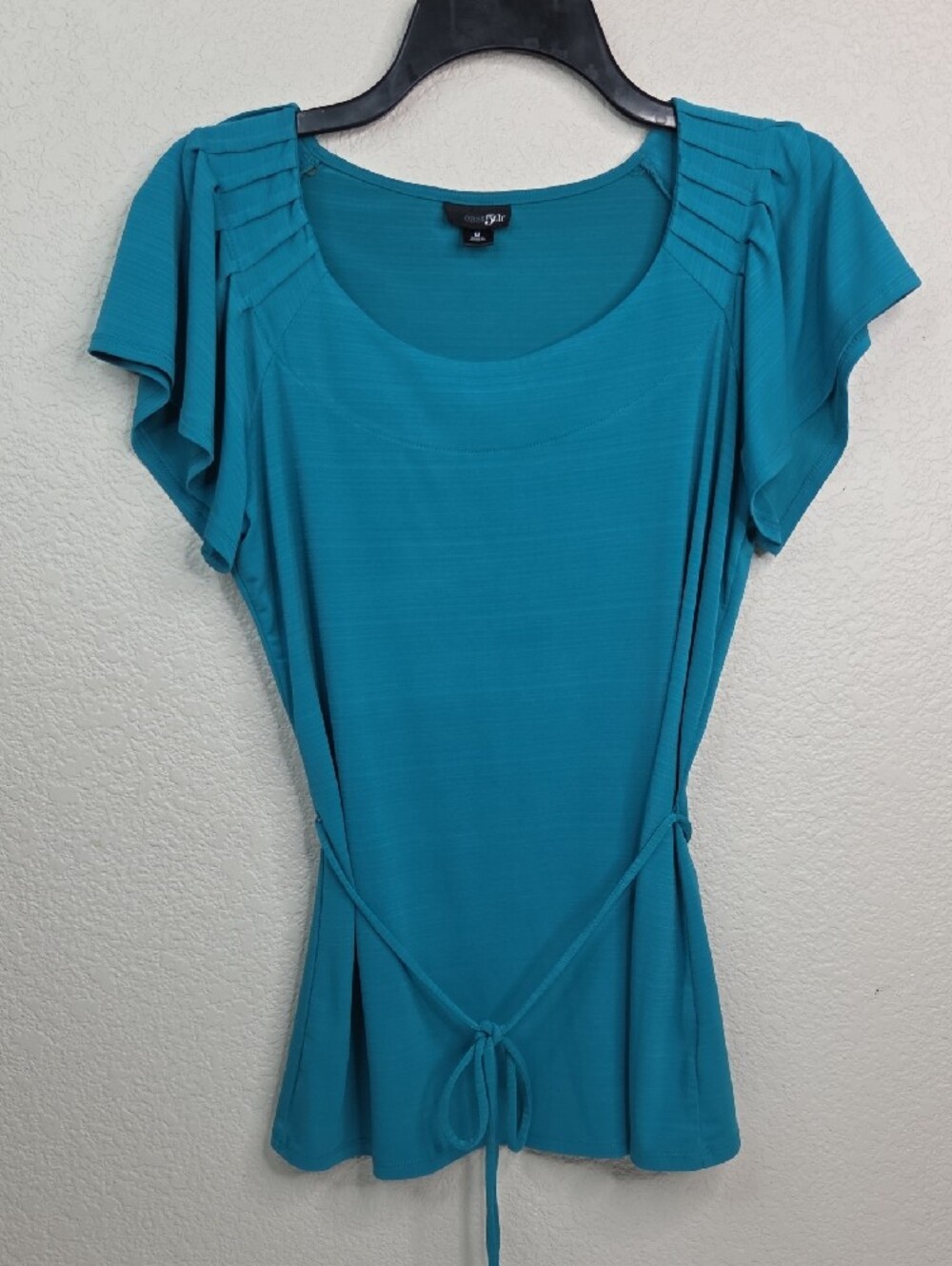 East 5th Teal Short-Sleeve Drape Neck Blouse with Tie Waist